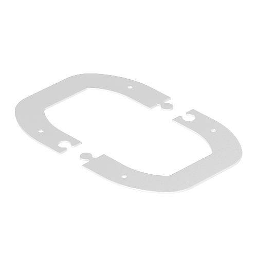 Metallplatte mit rechteckiger Öffnung und Löchern an den Enden, vermutlich als Montageschablone oder Dichtung für technische Anwendungen.