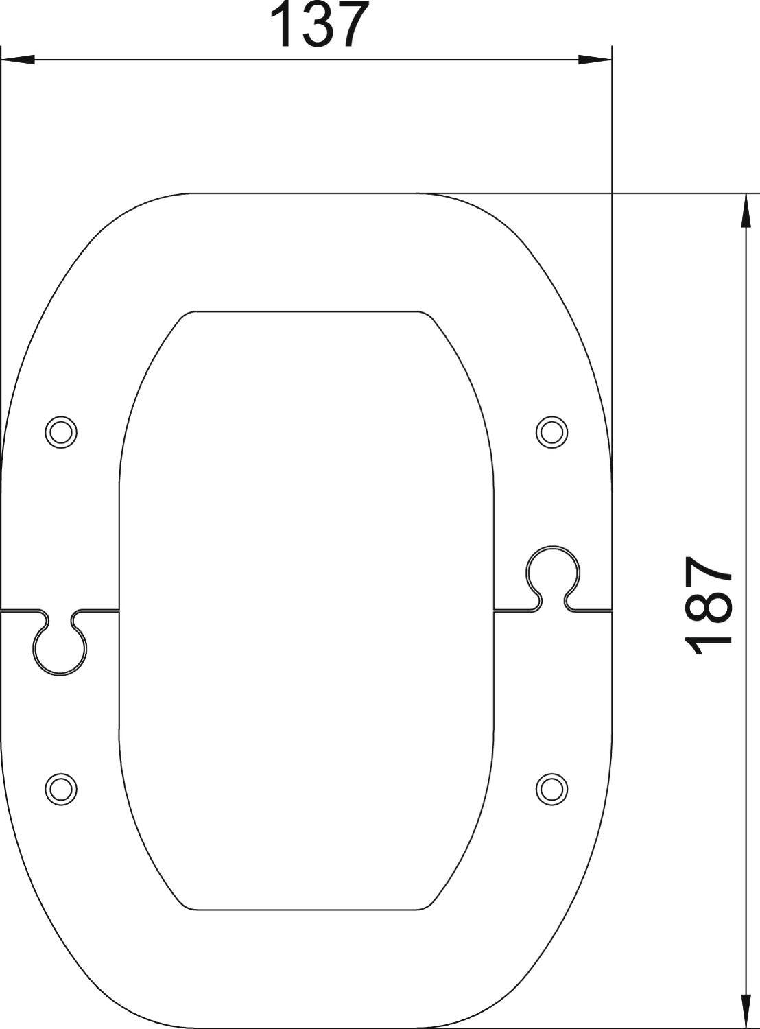 Technische Zeichnung einer ovalen Platte mit zwei Schraubenlöchern oben und unten. Maße: Breite 137 mm, Höhe 187 mm.