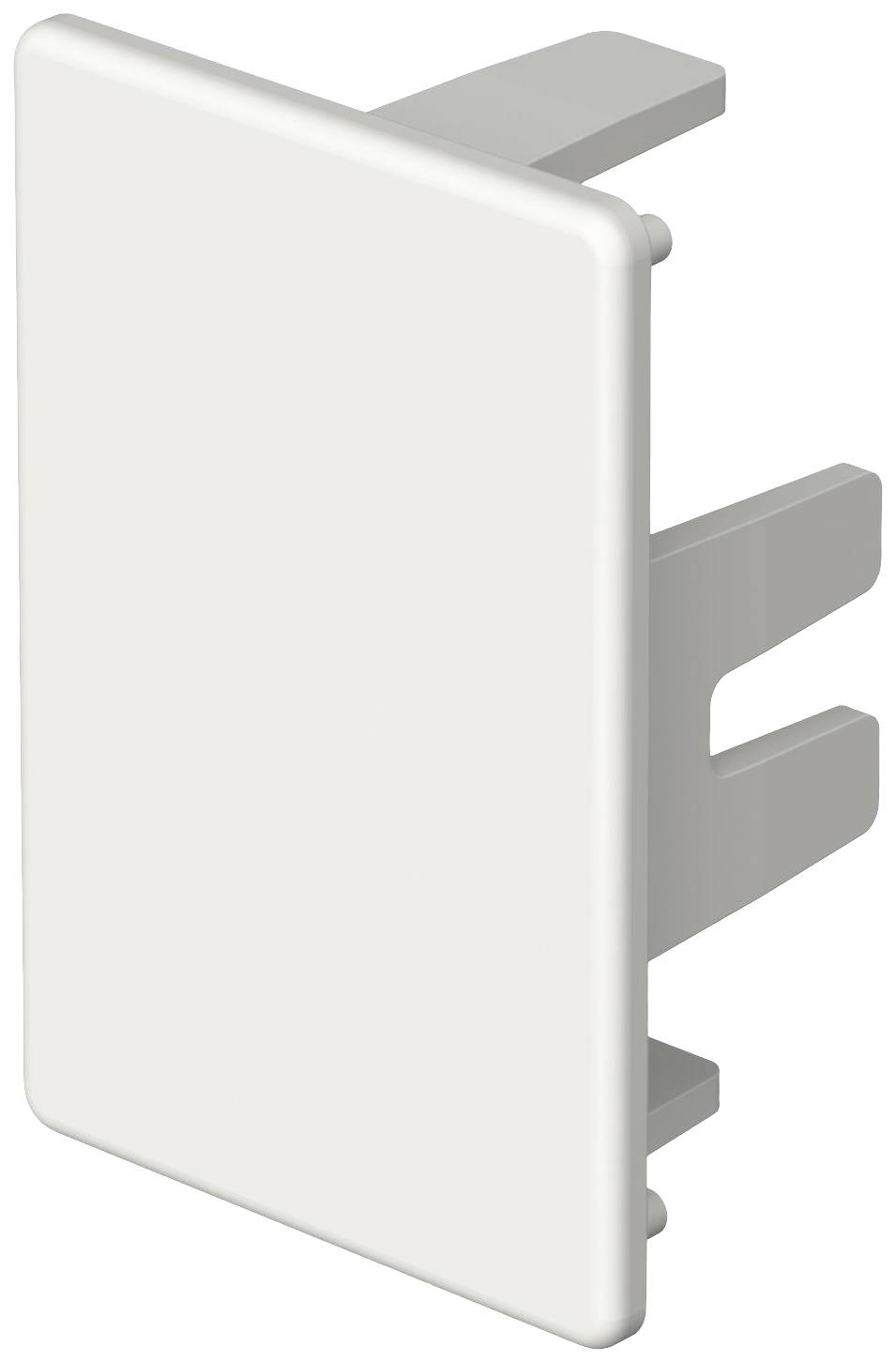 Weiße, rechteckige Kunststoffabdeckung mit zwei seitlichen Befestigungshaken; vermutlich Teil einer Steckdose oder eines Schalters.