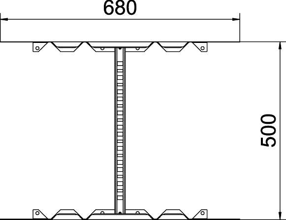 Technische Zeichnung mit den Abmessungen eines rechteckigen Metallprofils: Breite 680 mm, Höhe 500 mm. Zeigt Querschnitt und Struktur.