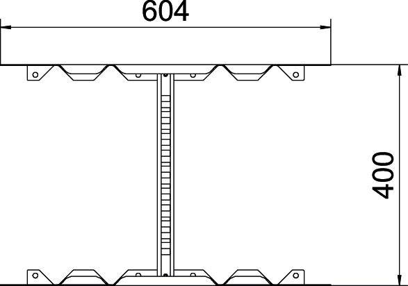 Teknische Zeichnung eines Metallträgers mit den Maßen 604 mm Breite und 400 mm Höhe, symmetrisch mit verstärkten Kanten.