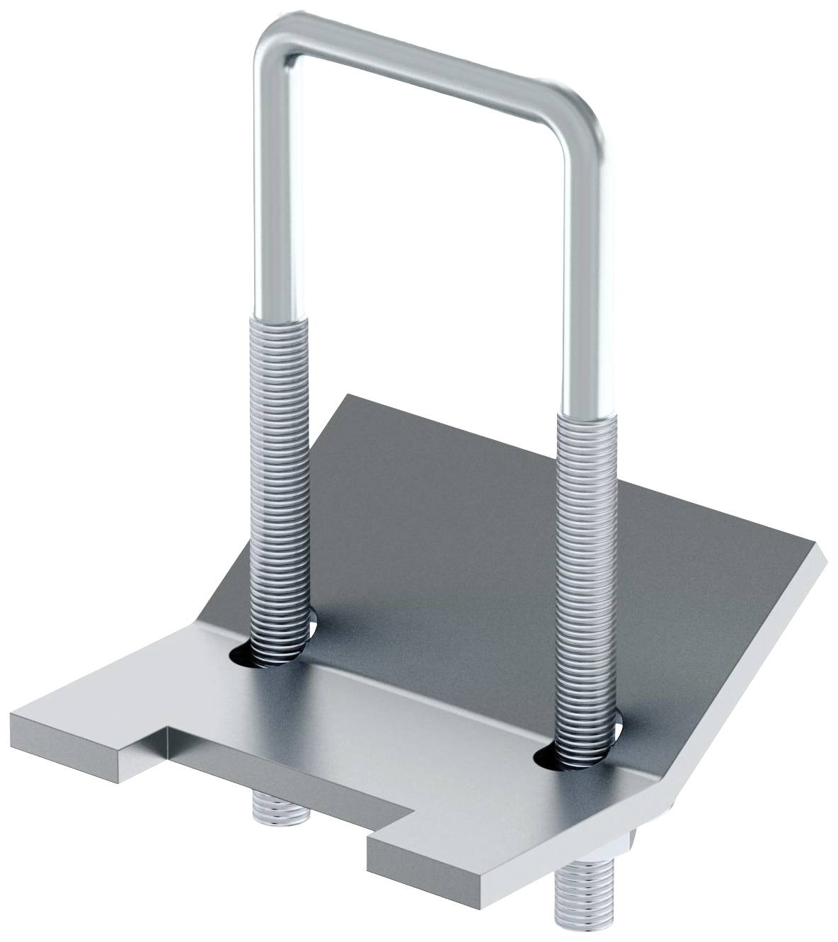 Metallische Universal-Steckschiene mit zwei Schrauben und U-förmigem Bügel. Wird für modulare Befestigungssysteme verwendet.