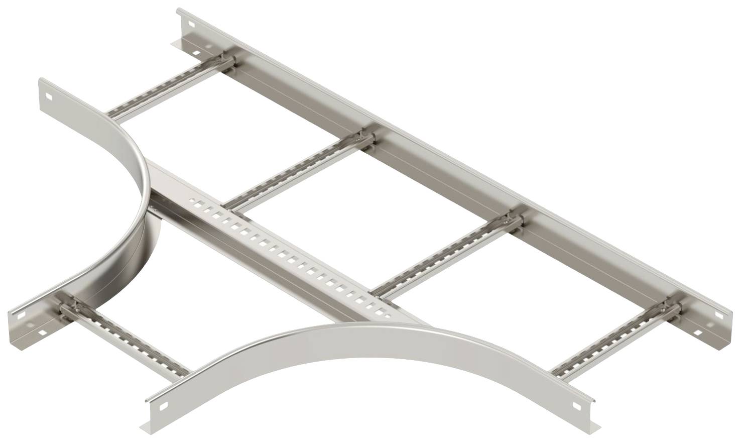 Metallisches Kabelrinnensystem mit gebogenem Seitenteil für Kabelmanagement, bestehend aus horizontalen und vertikalen Streben.