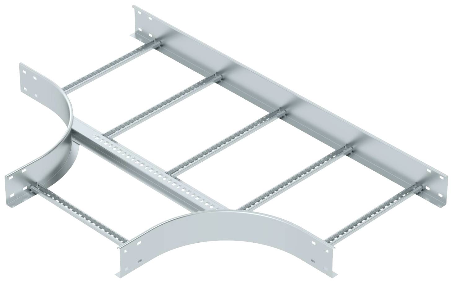 Metallisches Kabelrinnensystem, bestehend aus seitlichen Trägern und Querverbindungen. Es bietet strukturelle Unterstützung für Kabel.