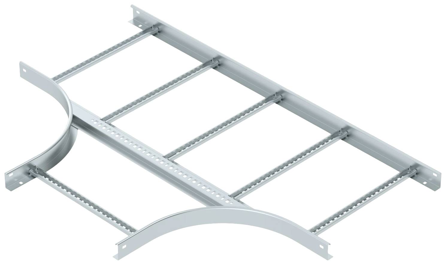Ein silbernes Kabeltragsystem mit gebogenen Seitenteilen und mehreren Querverbindungen. Geeignet für Kabelinstallation.