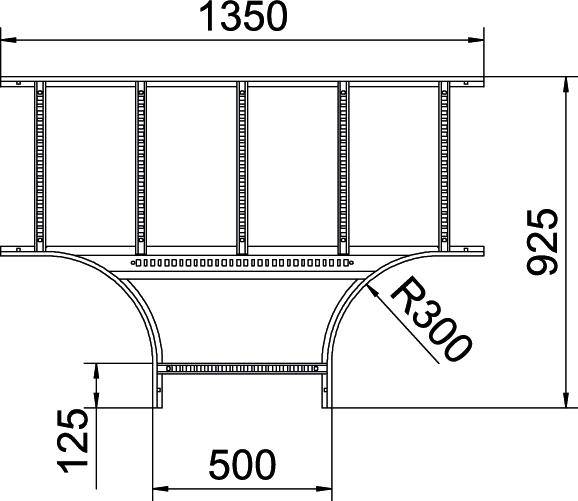 Bauplan einer Metallbrücke: Breite 1350 mm, Höhe 925 mm, Bogenradius 300 mm, Durchmesser 125 mm, Abschnittslänge 500 mm.