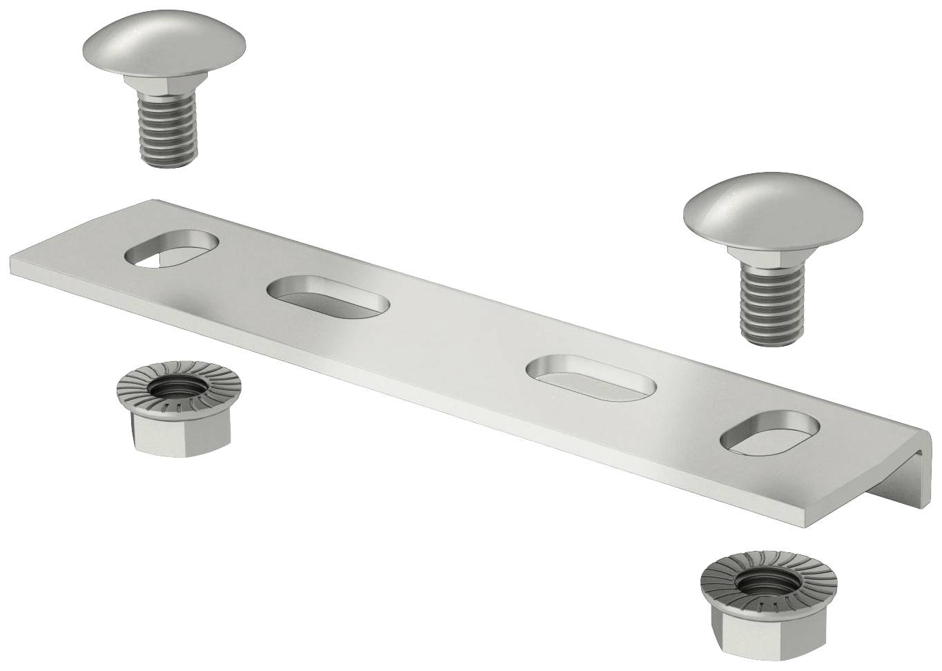 Metallplatte mit fünf Löchern, zwei Schrauben und zwei Muttern. Komponenten für technische oder mechanische Konstruktionen.