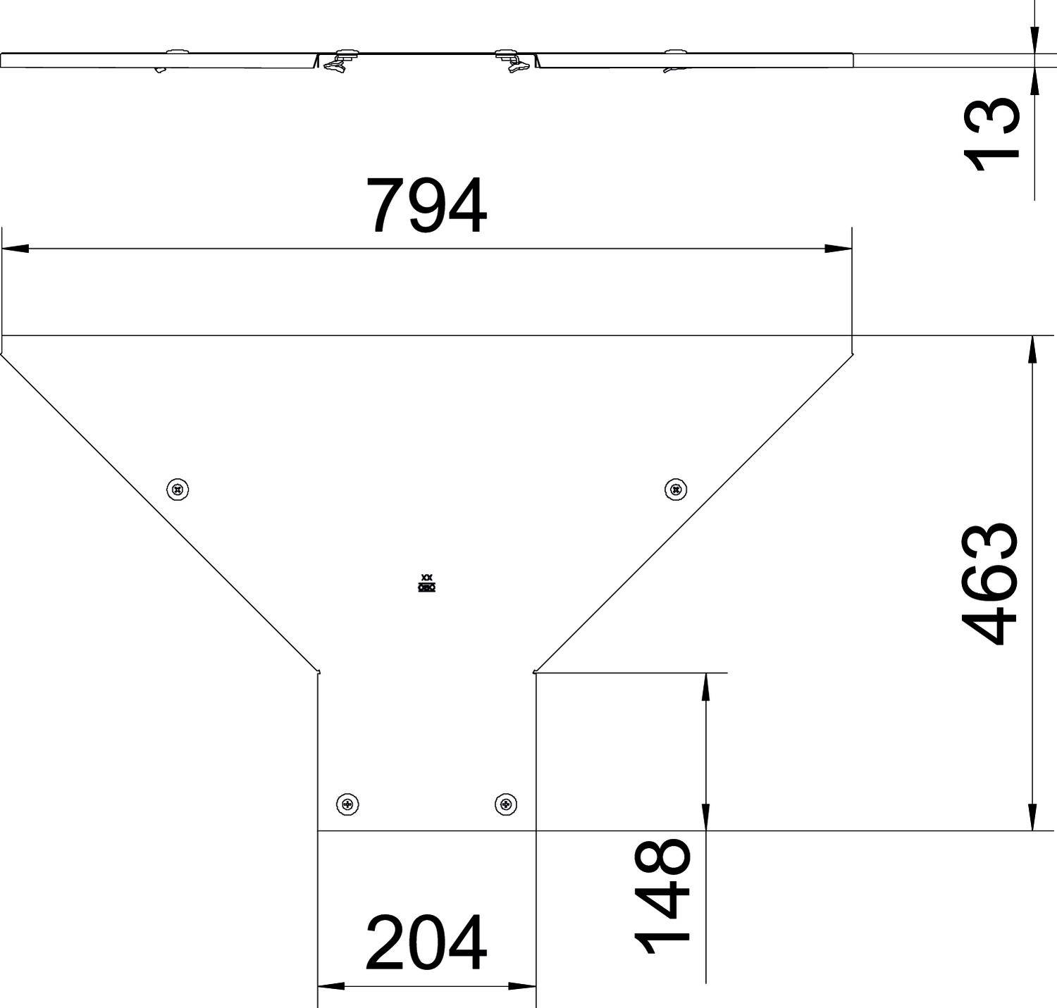 Technische Zeichnung eines Bauteils mit Maßen: Breite 794, Höhe 463, Tiefe 204, Dicke 13. Zeigt Kanten und Befestigungspunkte.