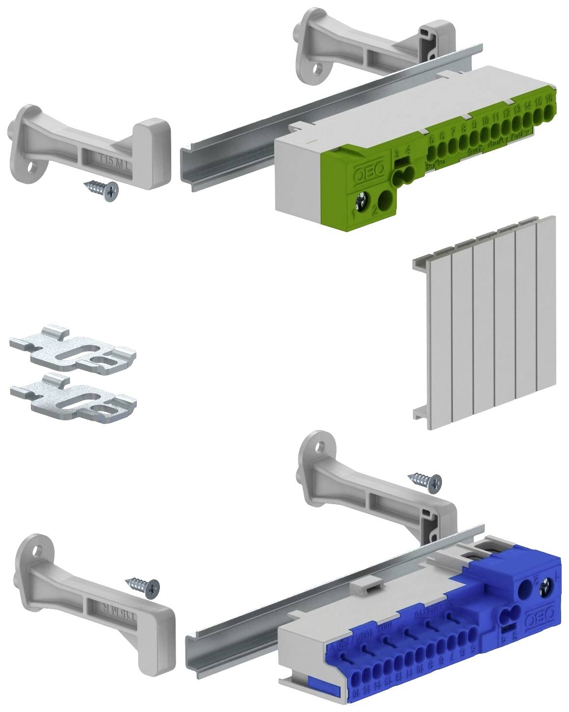 Abgebildet sind Komponenten eines elektrischen Stecksystems, darunter grüne und blaue Module, Wandhalterungen und Kleinteile.