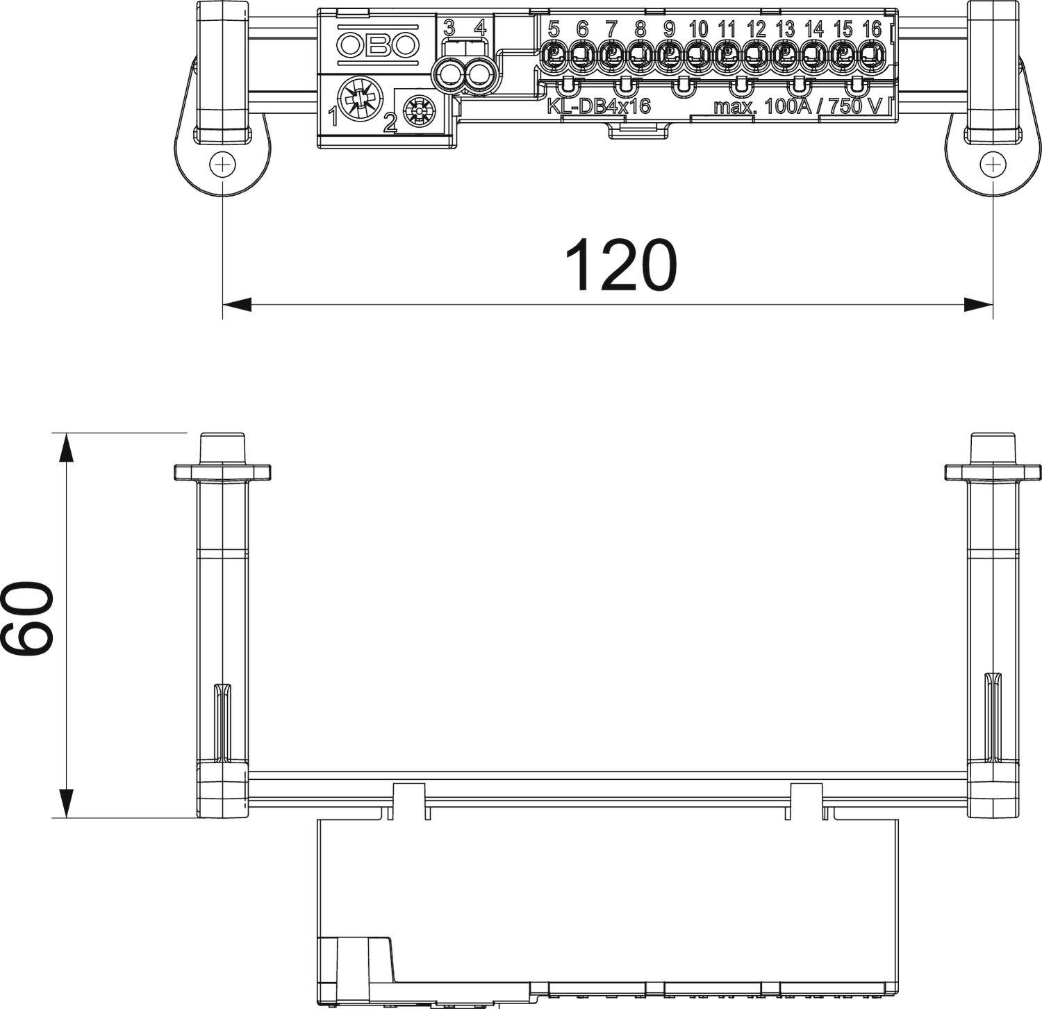 Technische Zeichnung einer elektrischen Anschlussleiste, Breite 120 mm, Höhe 60 mm, mit nummerierten Anschlüssen und Schraubklemmen.