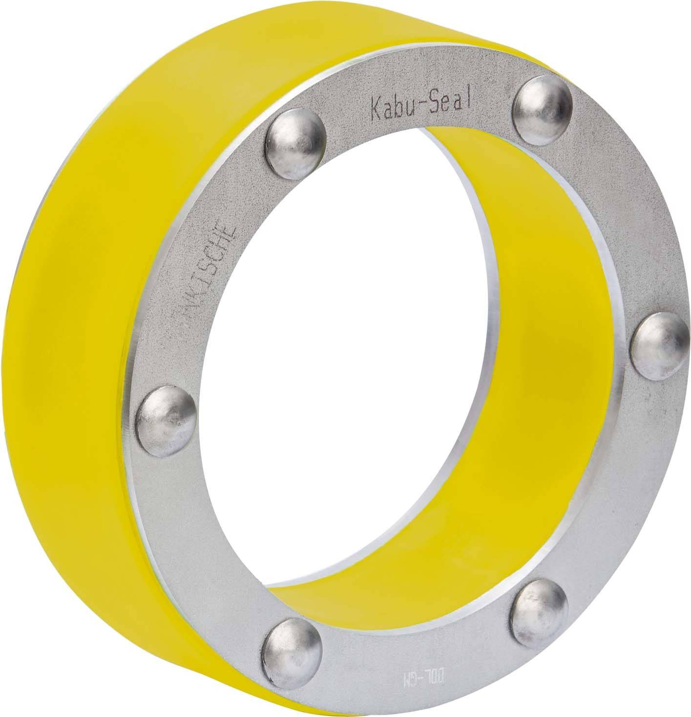 Gelbe Kabu-Seal-Rohrmanschette aus Metall mit sechs Bolzen, zur Abdichtung von Kabel- und Rohrleitungen gegen Wasser, Gas und Feuer.