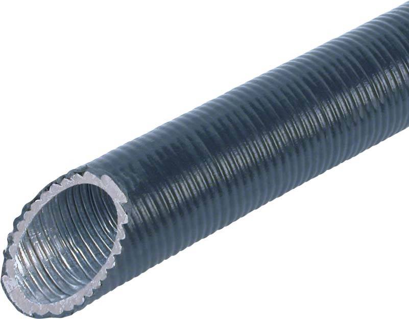 Flexibler schwarzer Kabelschutzschlauch aus Metall mit sichtbarer Wellung, geeignet für Kabelsicherung und Schutz in industriellen Anwendungen.