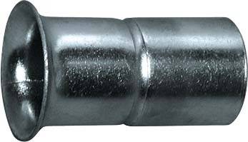 Ein silbernes Metallrohr mit einer leicht verjüngten Öffnung. Es könnte als Bauteil oder Verbindungselement dienen.