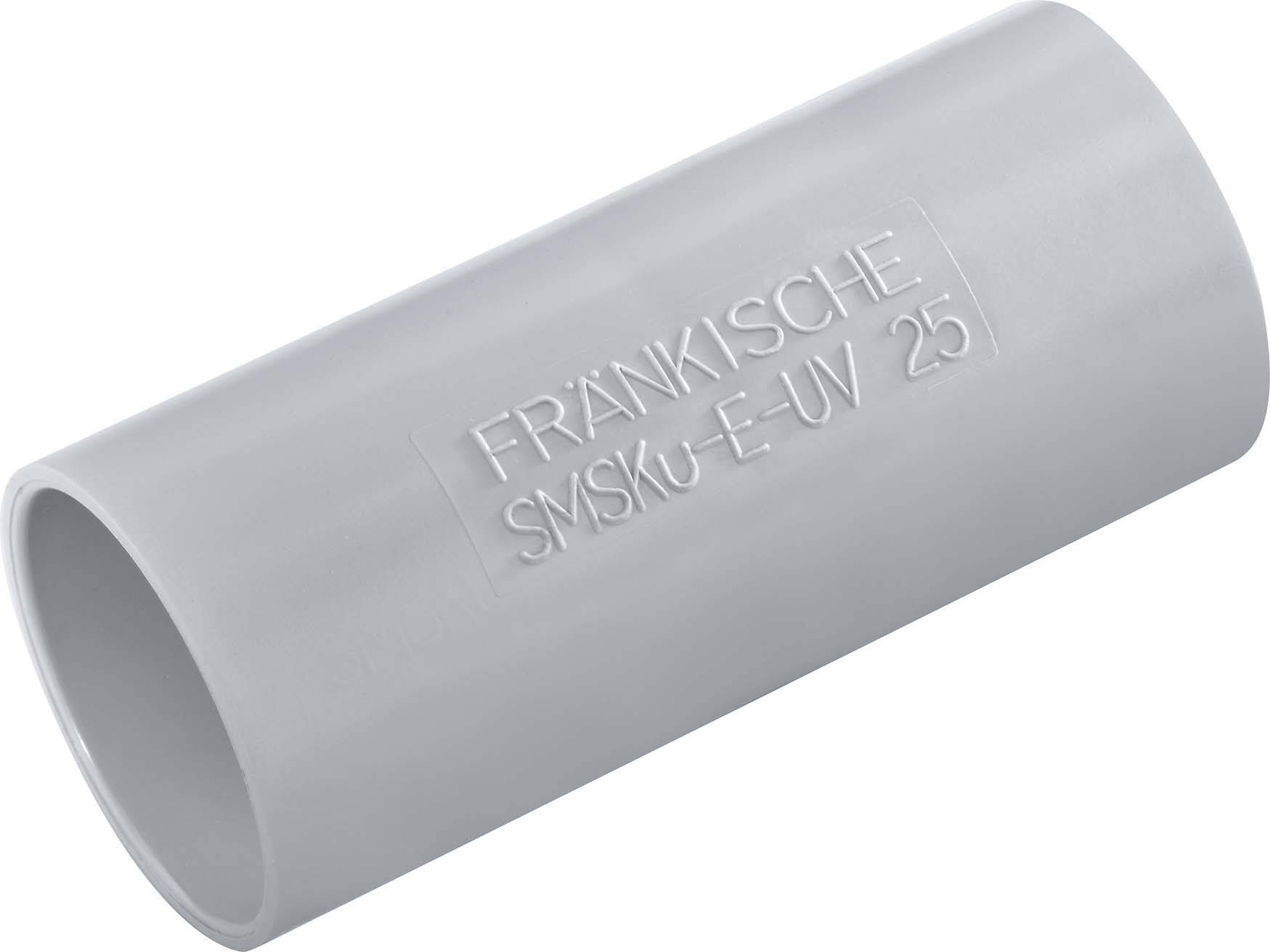Graues Kunststoffrohr mit Aufschrift 'FRÄNKISCHE SMSKu-E-UV 25', zylindrische Form, Verwendung für Kabel- oder Rohrinstallationen.