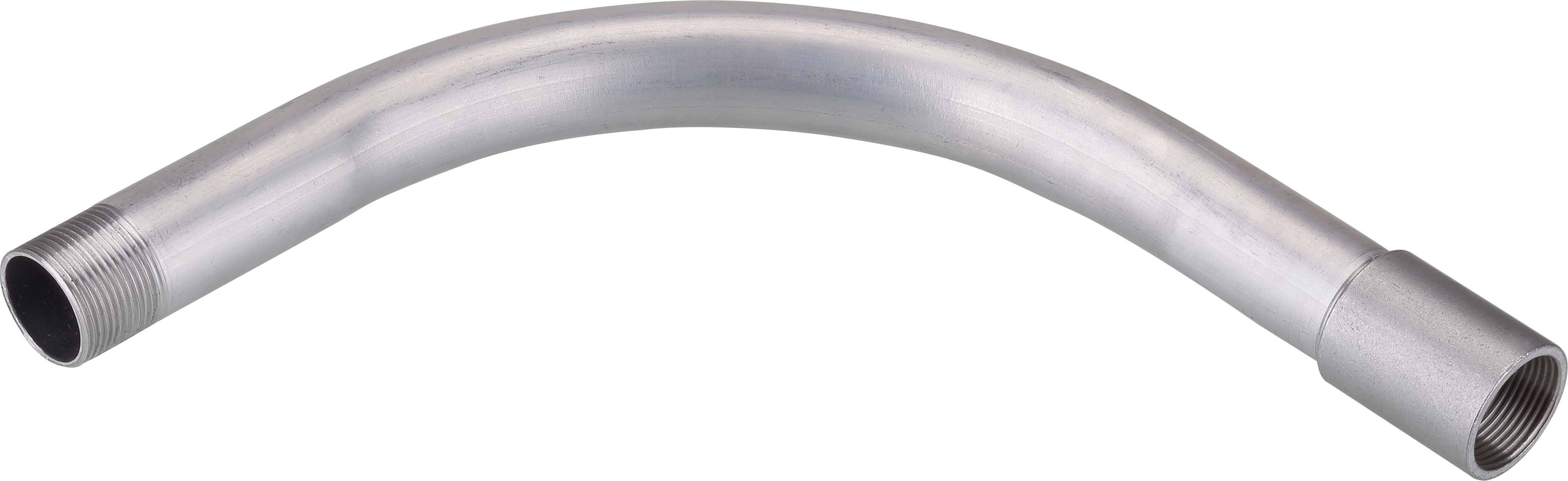 Ein gebogenes graues Metallrohr mit Gewinde an beiden Enden, geeignet für Installations- oder Rohrleitungsanwendungen.