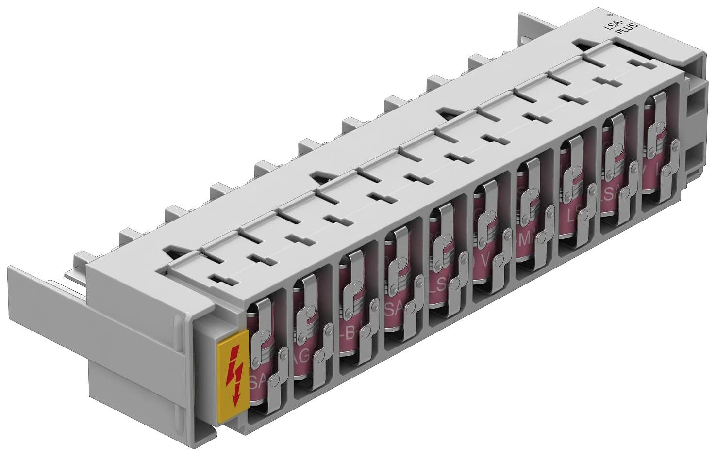 Ein grauer elektrischer Steckverbinder mit mehreren roten Sicherungen. Eine gelbe Sicherung markiert mit einem Blitzsymbol ist besonders hervorgehoben.