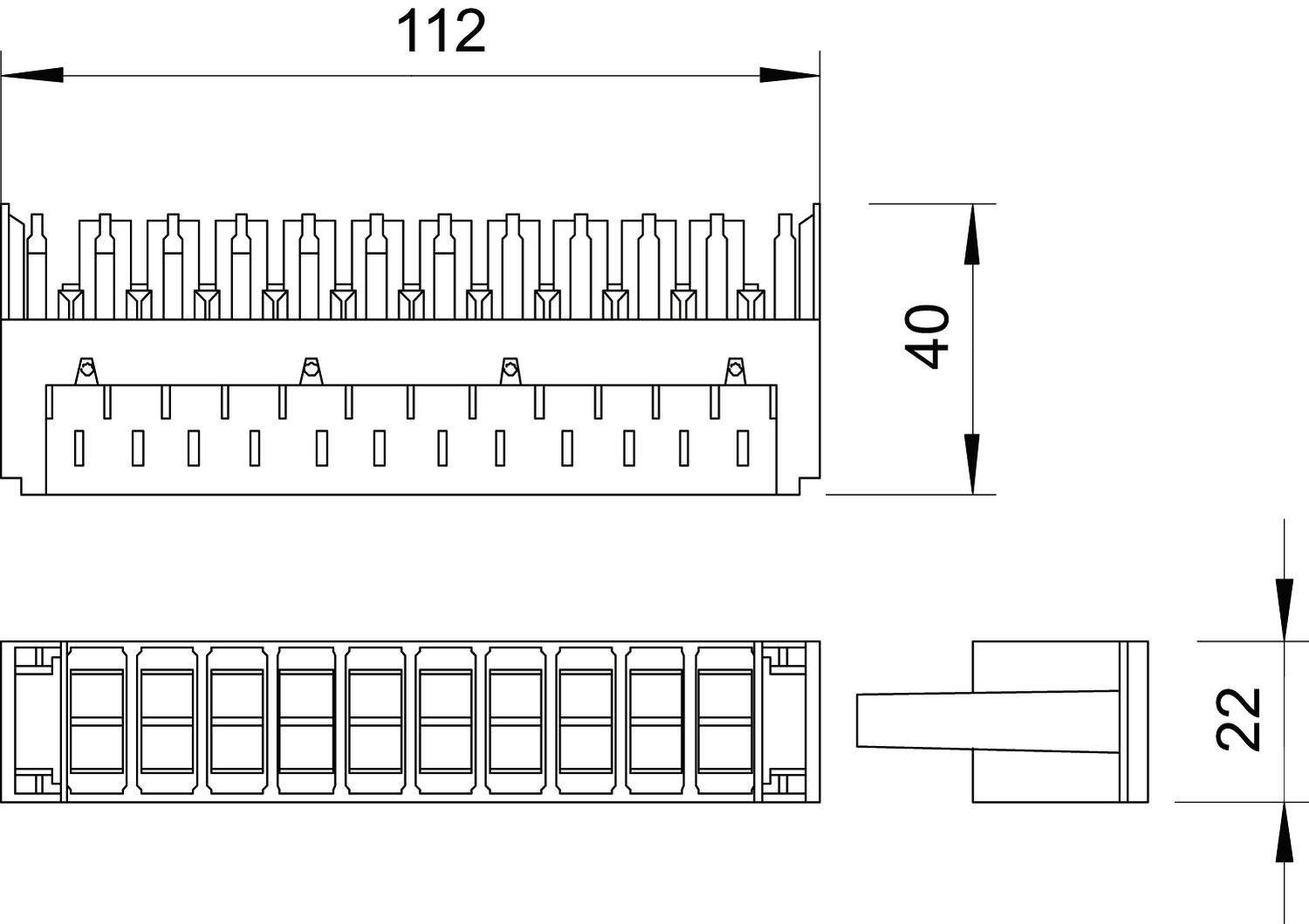 Technische Zeichnung eines Steckverbinders mit Maßen: Länge 112 mm, Höhe 40 mm, Tiefe 22 mm. Vertikale und horizontale Ansichten.
