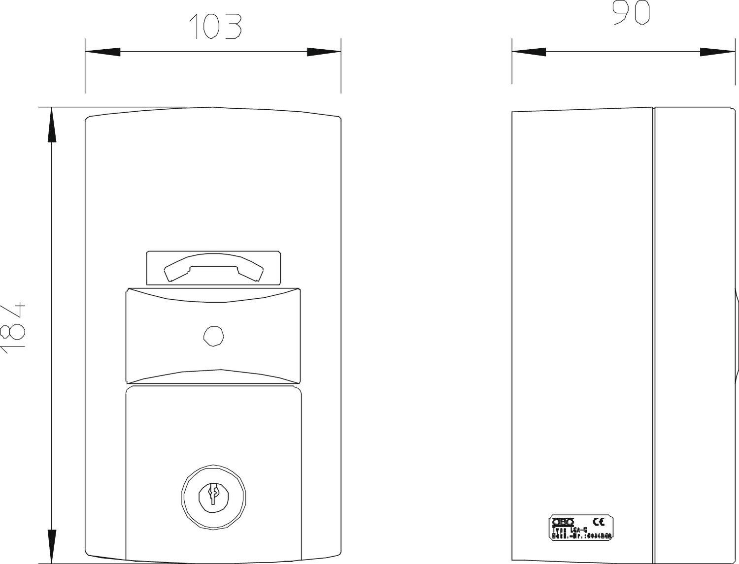 Technische Zeichnung eines Schlosses mit Abmessungen von 184 mm Höhe, 103 mm Breite, und 90 mm Tiefe.