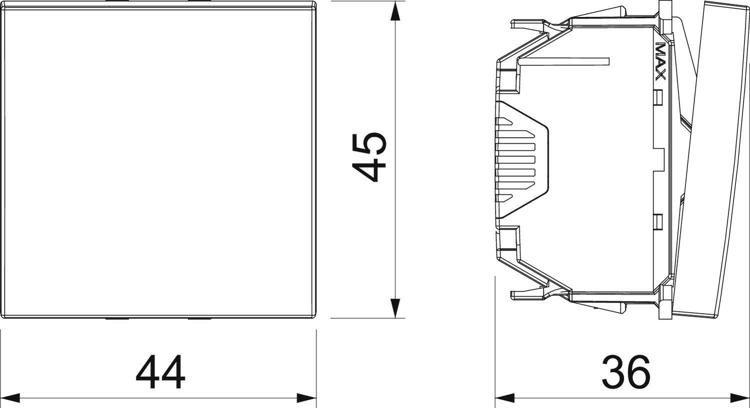 Technische Zeichnung eines elektrischen Bauteils mit Maßen: Höhe 45, Breite 44, Tiefe 36. Zeigt Vorder- und Seitenansicht.