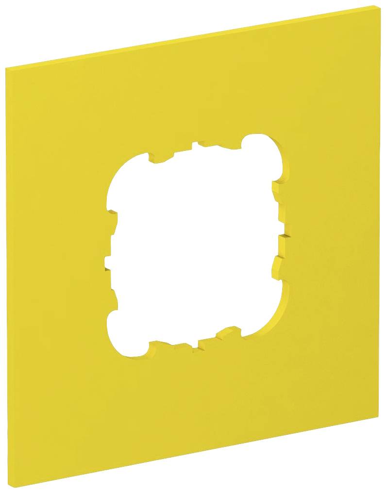Gelb quadratische Platte mit Aussparung in der Mitte und unregelmäßigen Kanten.