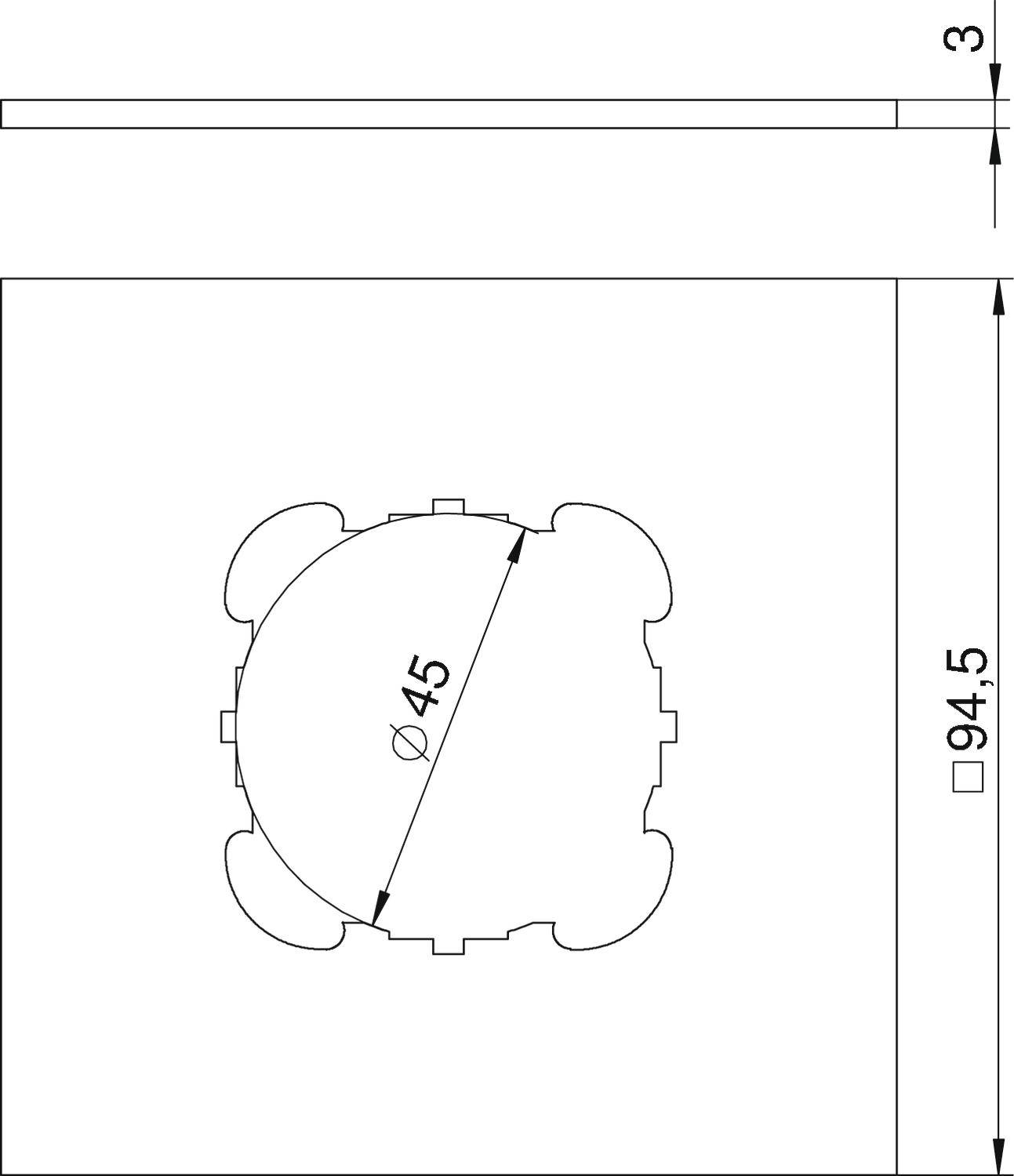 Technische Zeichnung eines Würfels mit kreisförmigem Ausschnitt im Inneren, Durchmesser 45 mm. Außenmaße des Würfels: 94,5 mm.