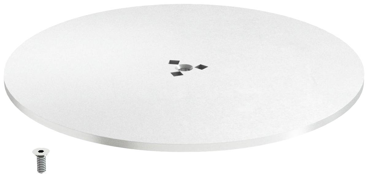 Eine runde, silberne Metallplatte mit einem mittigen Loch und einem kleinen, daneben liegenden Schraubstück.