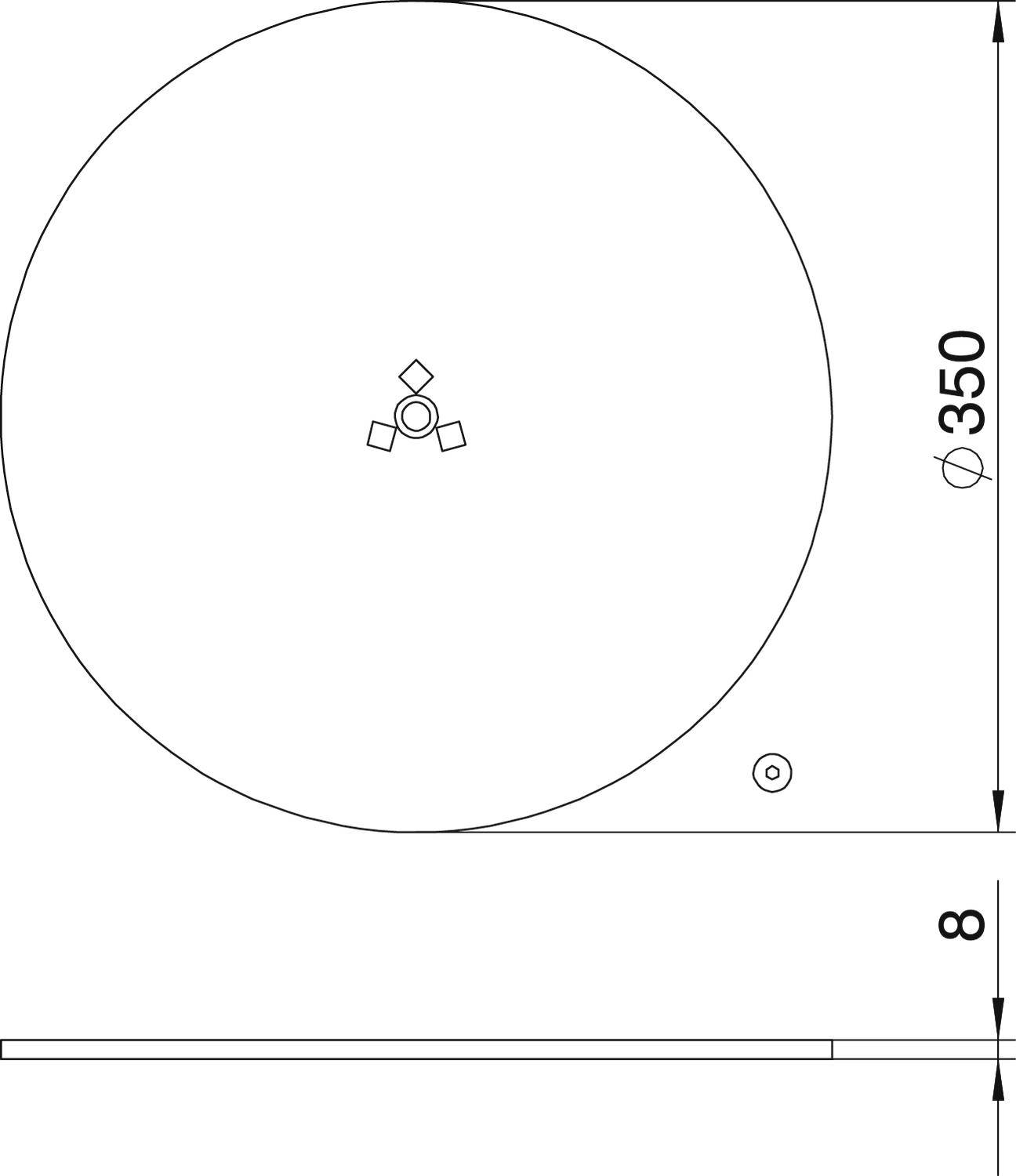 Eine technische Zeichnung zeigt einen großen Kreis mit einem Durchmesser von 350 mm und einer Dicke von 8 mm. Oben sind kleine Symbole in der Mitte des Kreises.