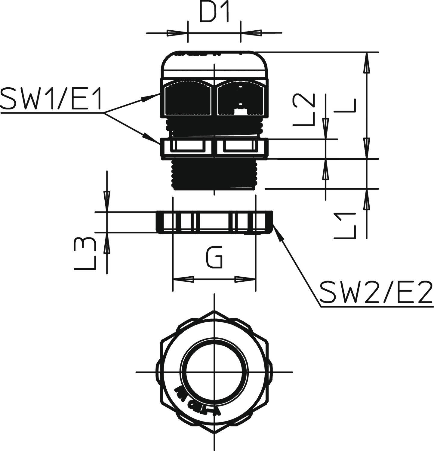 Technische Zeichnung einer Kabelverschraubung mit Maßangaben: D1, SW1/E1, L, L1, L2, L3, G, SW2/E2. Seitliche und obere Ansicht.