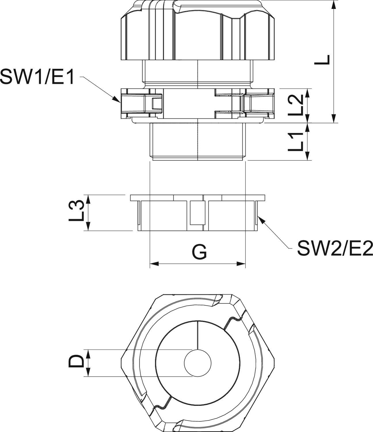 Technische Zeichnung eines Schraubanschlusses mit Maßen. Oben: Seitenansicht mit Höhen- und Breitenangaben (SW1/E1, L, L1, L2, L3, G). Unten: Draufsicht mit Durchmesser D.