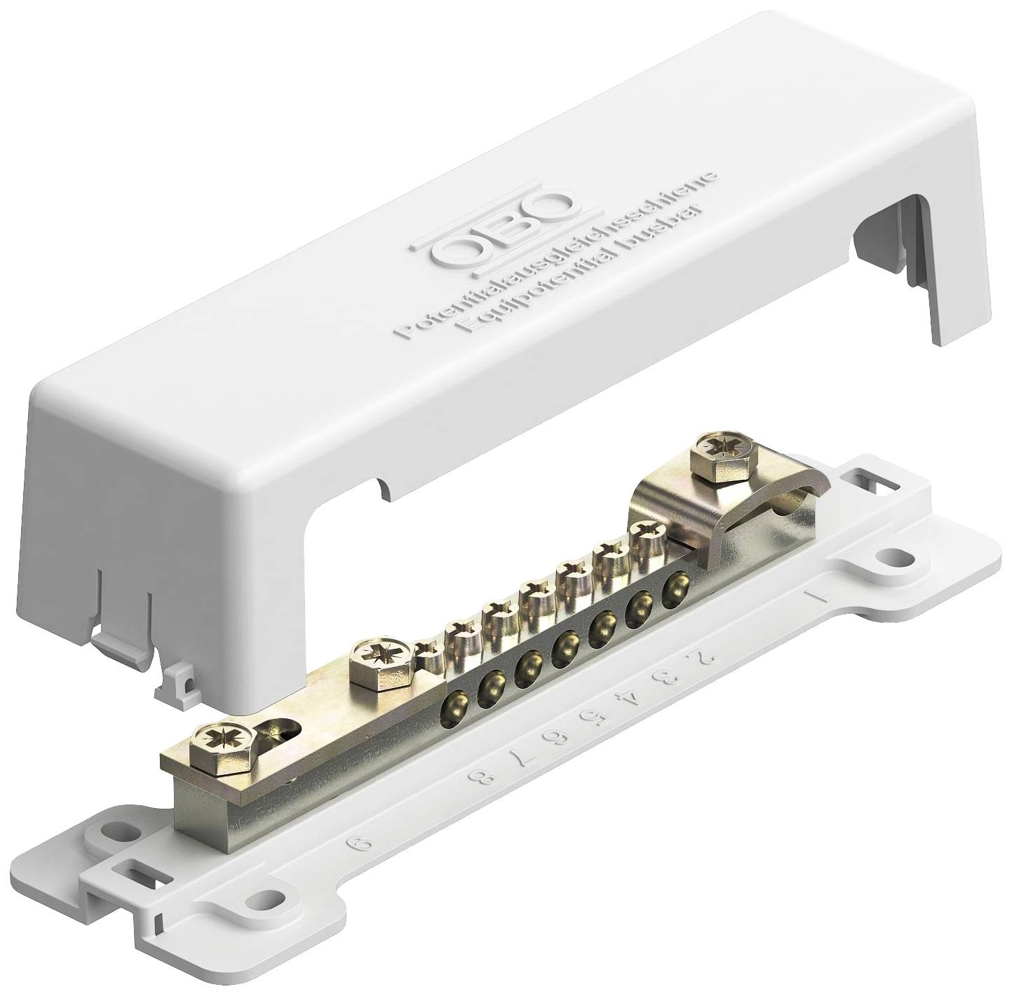 'Isolierter Mess-Sammelschienenverbinder' mit weißer Abdeckung, freiliegende Messing-Schiene darunter, geeignet für elektrotechnische Installationen.