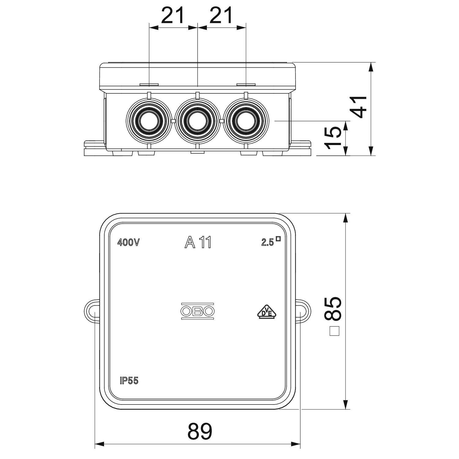 Technische Zeichnung eines Verteilerkastens mit Maßen: 89mm Breite, 85mm Höhe. Beschriftet mit '400V', 'IP55'. Oben drei Anschlussstellen.