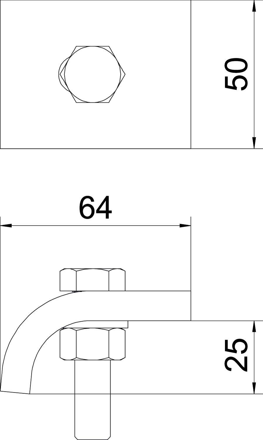 Technische Zeichnung eines Metallwinkels mit Schraube und Mutter. Oben links das Seitenprofil, unten das Vorderprofil. Maße: Höhe 50, Breite 64, Tiefe 25 mm.
