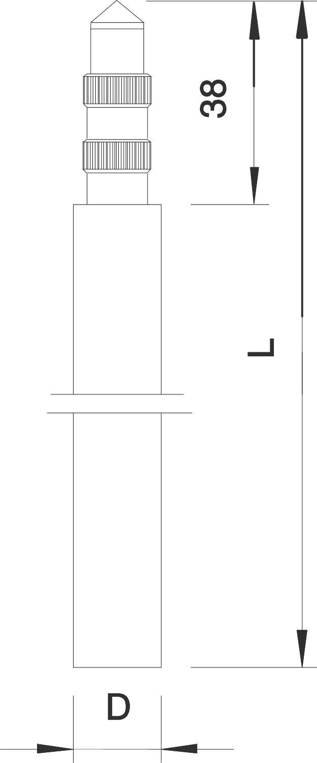 Technische Zeichnung eines Audiosteckers mit den Dimensionen: Länge 'L', Durchmesser 'D', und Spitze 38 mm.