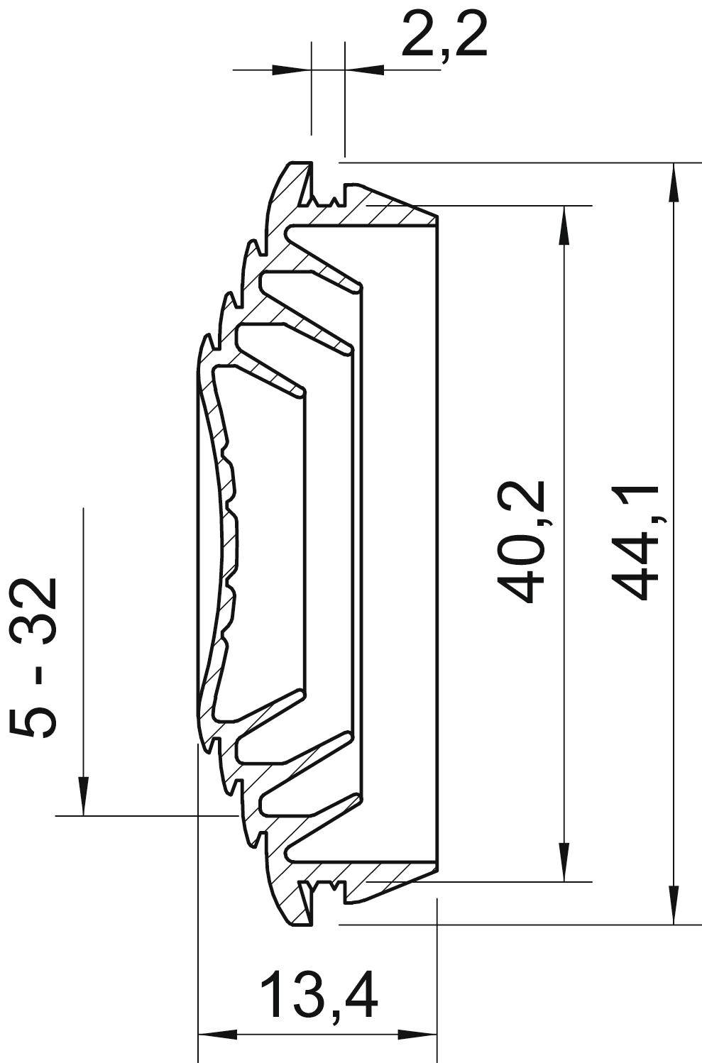 Querschnittszeichnung eines mechanischen Teils mit mehreren Maßen, einschließlich 44,1 mm Höhe, 40,2 mm Breite und 5-32 mm Länge.