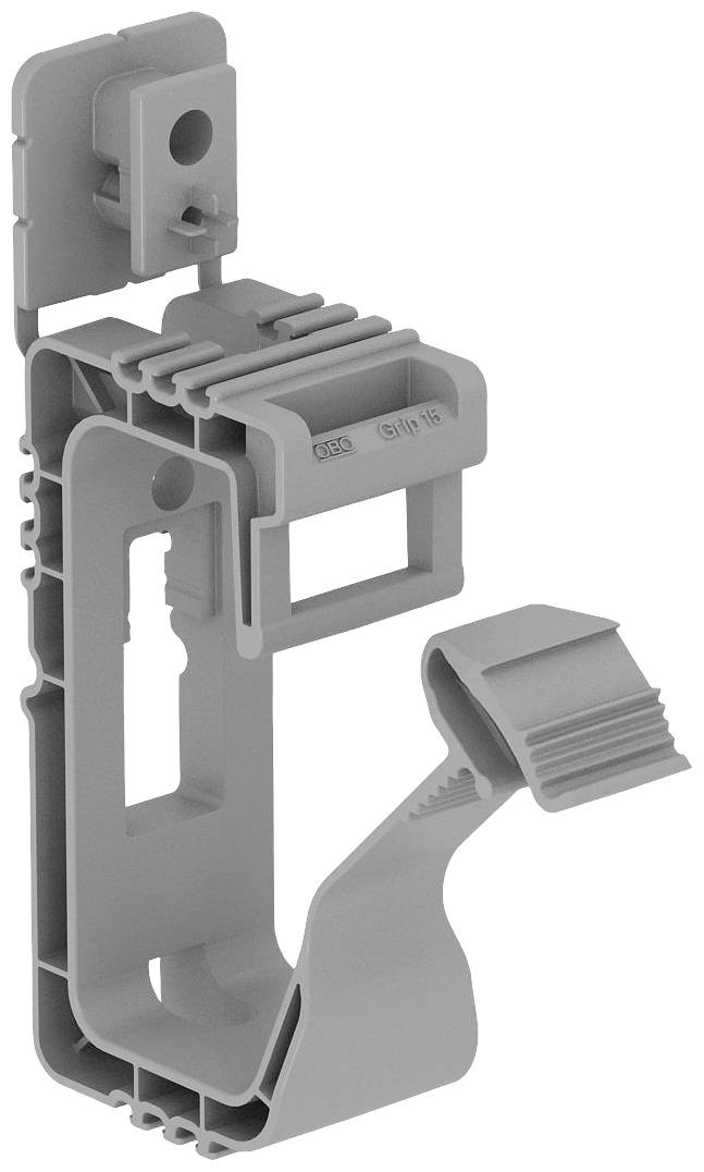 Eine graue Kunststoffklemme mit Schlitzen und Rillen zur Befestigung von Kabeln an einer Oberfläche, vertikal ausgerichtet.