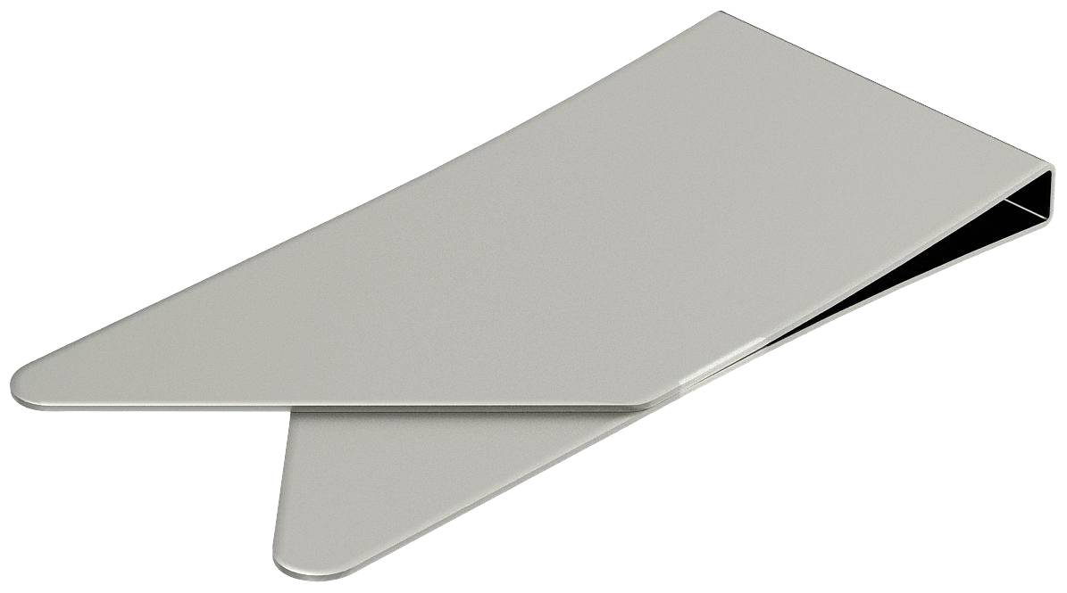 Silberne Geldscheinklammer aus Metall in einfacher, minimalistischer Form. Verwendet, um Scheine sicher zusammenzuhalten.