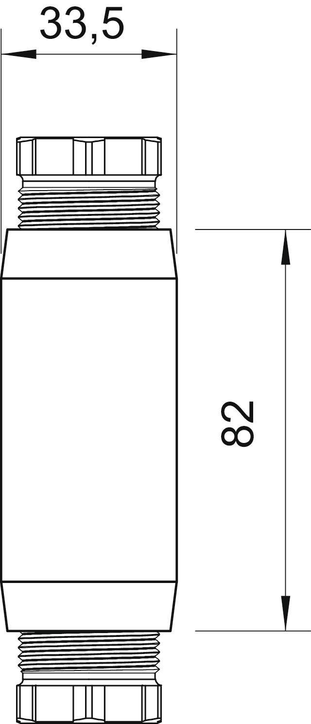 Technische Zeichnung eines zylindrischen Bauteils mit zwei Gewinden. Länge: 82 mm, Durchmesser an den Enden: 33,5 mm.