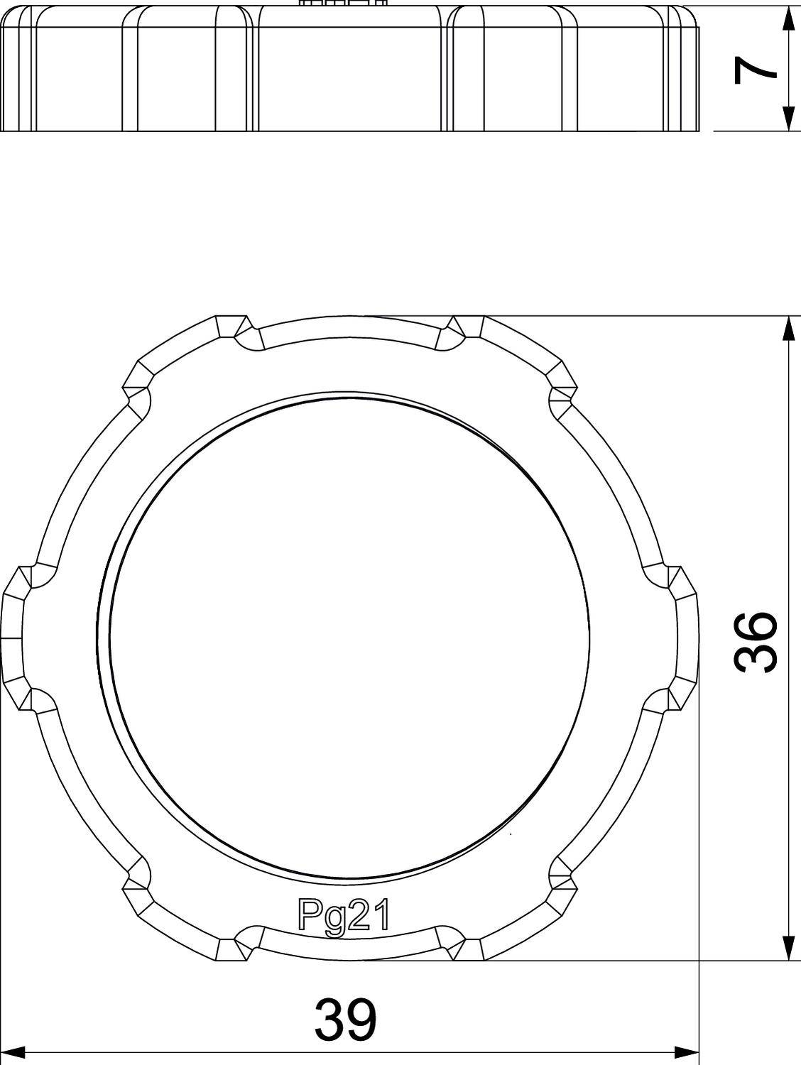 Technische Zeichnung eines runden Deckels mit einem Durchmesser von 39 mm und einer Höhe von 7 mm, markiert mit 'Pg21'.