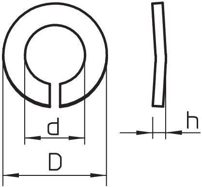 Abbildung einer Fächerscheibe im Querschnitt, zeigt den Außendurchmesser 'D', den Innendurchmesser 'd' und die Höhe 'h'.