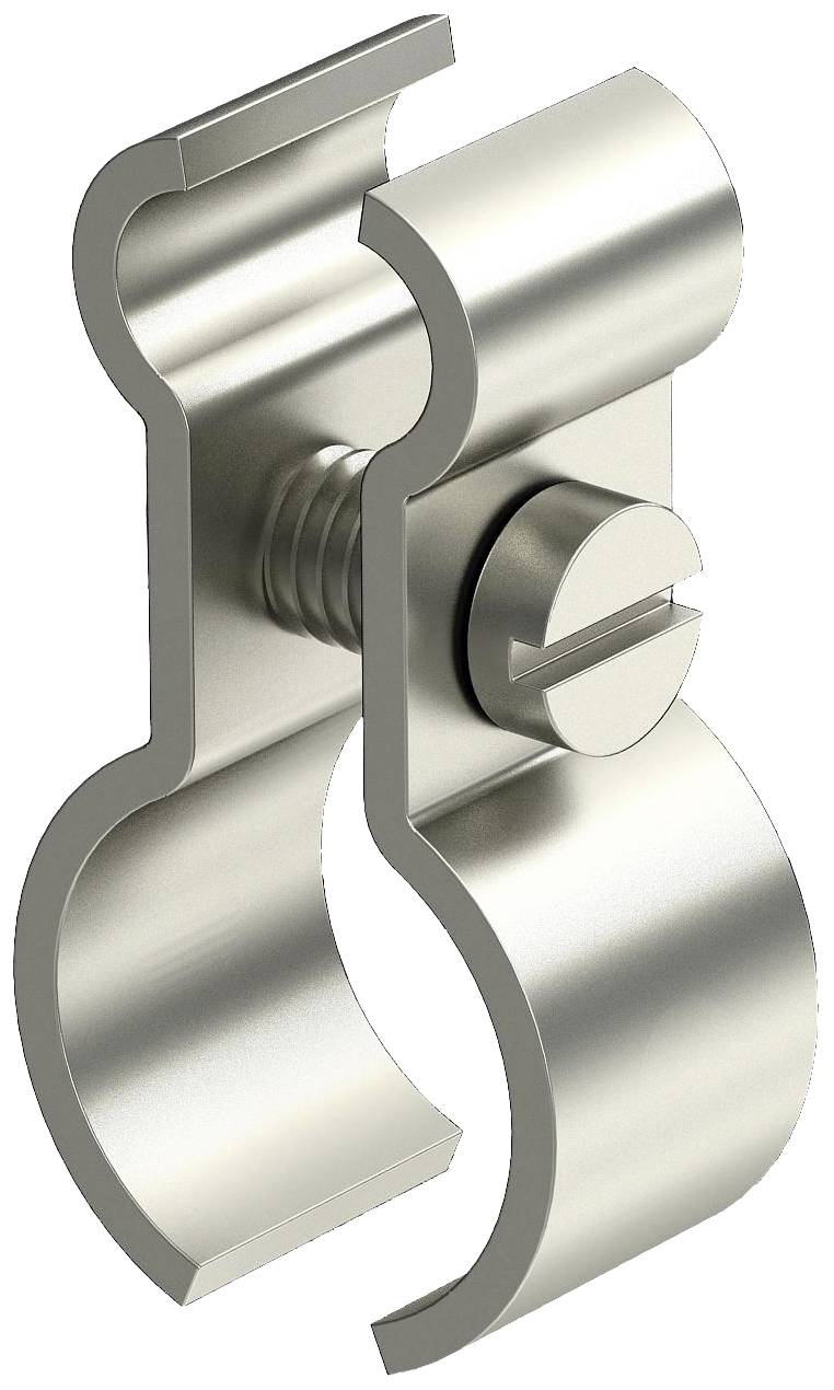 Metallklemme mit schraubbarem Verschluss, dargestellt in silberner Farbe. Geeignet zum Halten oder Befestigen von Rohren oder Stangen.