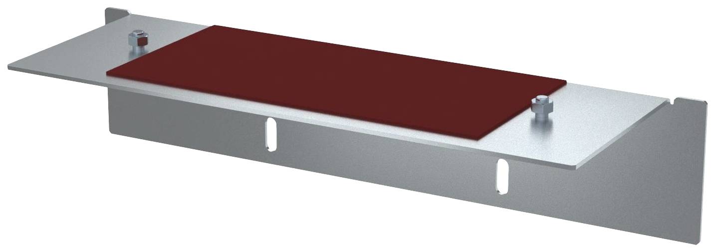 Metallische Halterung mit flacher, roter Plattform und zwei Schrauben zur Befestigung.