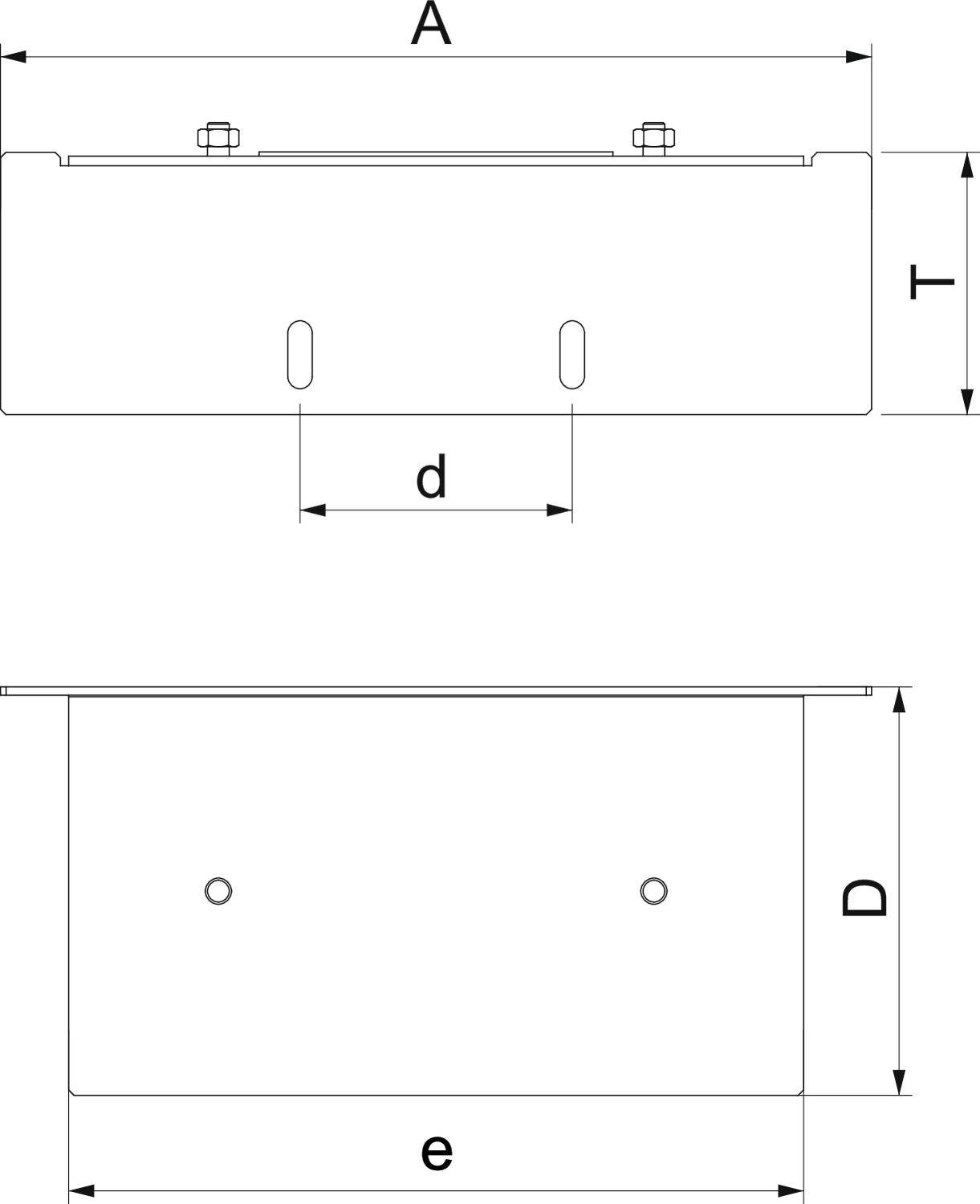 Technische Zeichnung eines rechteckigen Metallteils mit den wichtigsten Maßen: Breite (A), Höhe (T), seitliche Länge (D), Innenbreite (d), und Bodenbreite (e).