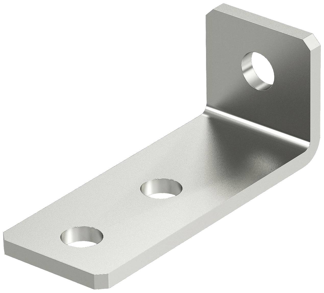 Metallwinkel mit drei Bohrungen, zwei auf der langen und eine auf der kurzen Seite, zur Verwendung in Konstruktionen.