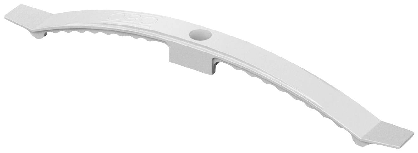 Ein weißer, gebogener Kunststoffgriff mit zwei Endstücken und einer zentralen Halterung.