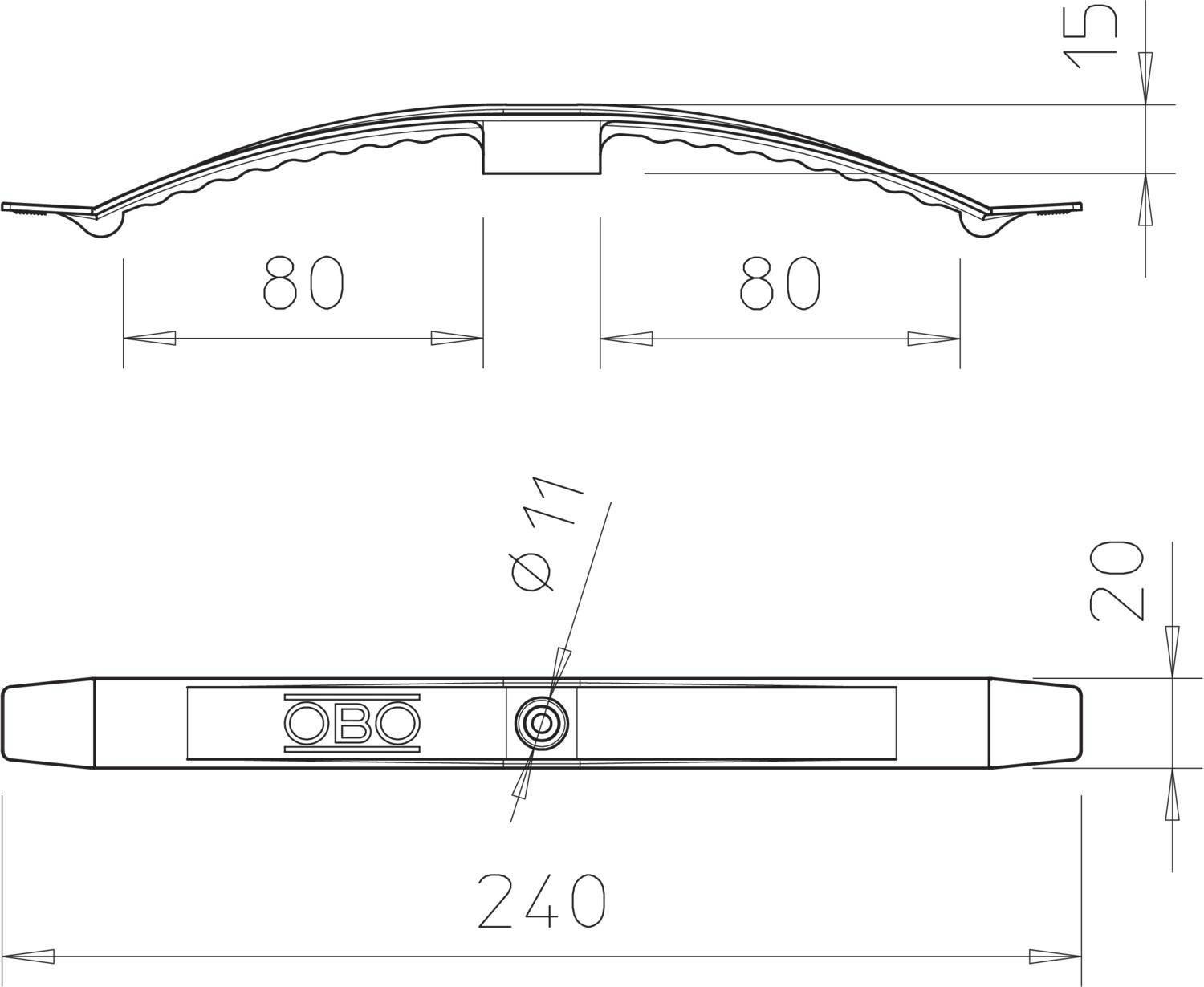 Technische Zeichnung eines Kabelbrückensystems mit Abmessungen: Breite 240 mm, Höhe 20 mm, Ø11 mm Bohrung, Abstand zwischen Befestigungspunkten 80 mm.