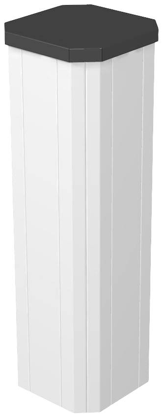 Weiße sechseckige Säule mit schwarzer, flacher Oberseite. Modernes Design für dekorative oder architektonische Zwecke.