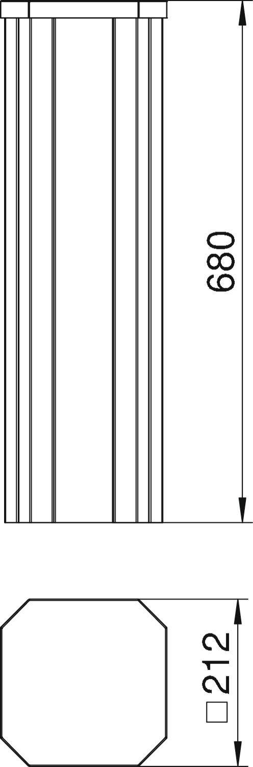 Technische Zeichnung eines zylindrischen Objekts mit Höhe 680 und Basisdurchmesser 212. Oben Draufsicht auf achteckige Basis.