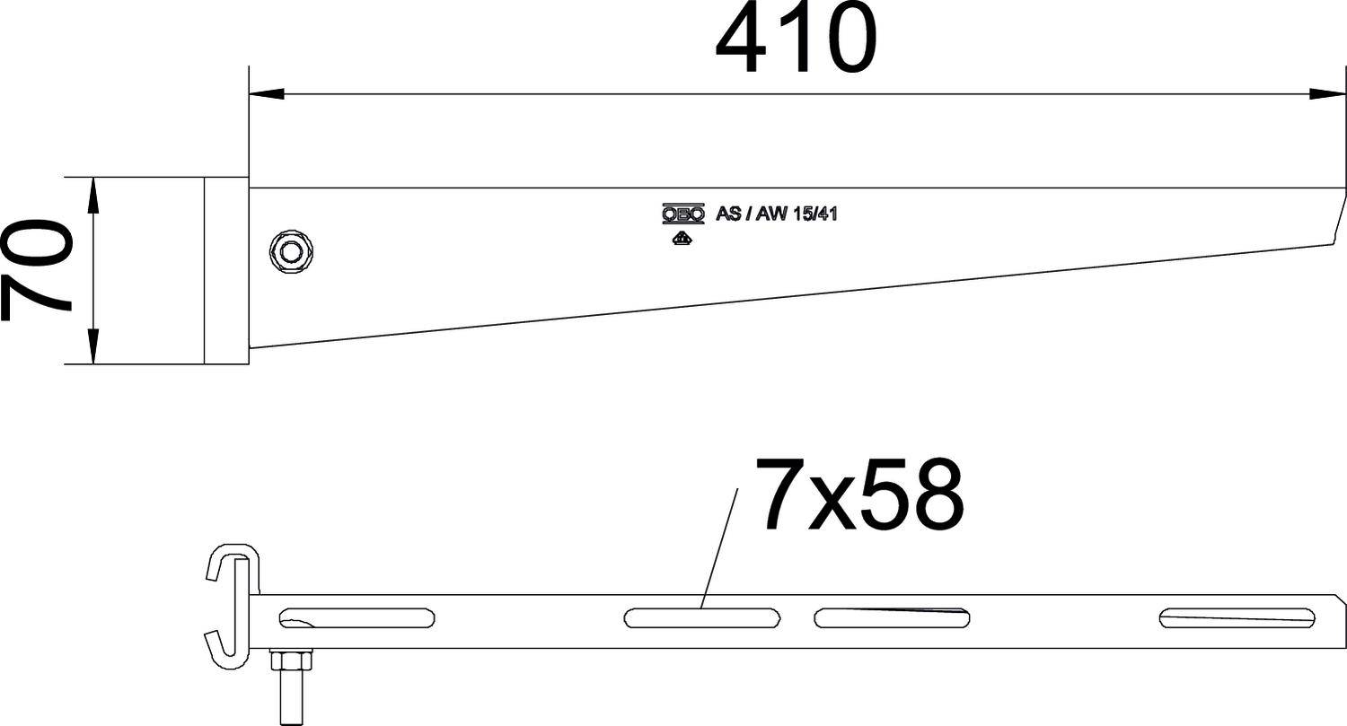 Technische Zeichnung eines Metallwinkels: oben Seitenansicht mit Längenangaben 410 mm und 70 mm; unten Draufsicht mit Schlitzdetails.