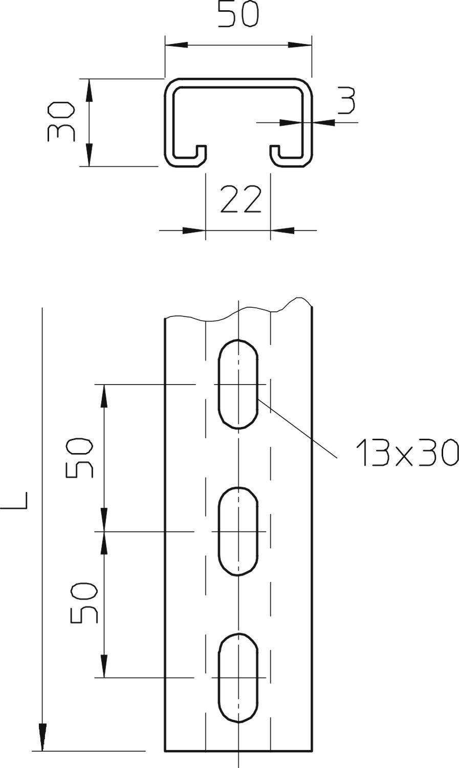 Technische Zeichnung eines Metallprofils mit U-Form, 50 mm breit, 30 mm hoch, und 3 mm dick. Löcher: 13x30 mm im Abstand von 50 mm.