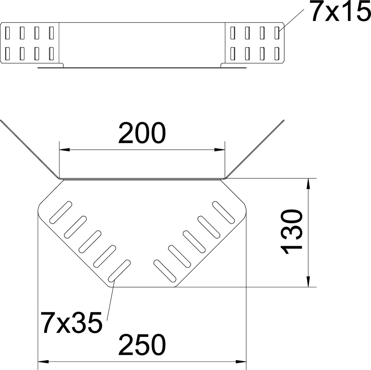 Technische Zeichnung eines Winkels: oben 7x15, Breite 200, Höhe 130. Unten: 7x35, Breite 250. Zeigt Maße und Proportionen.